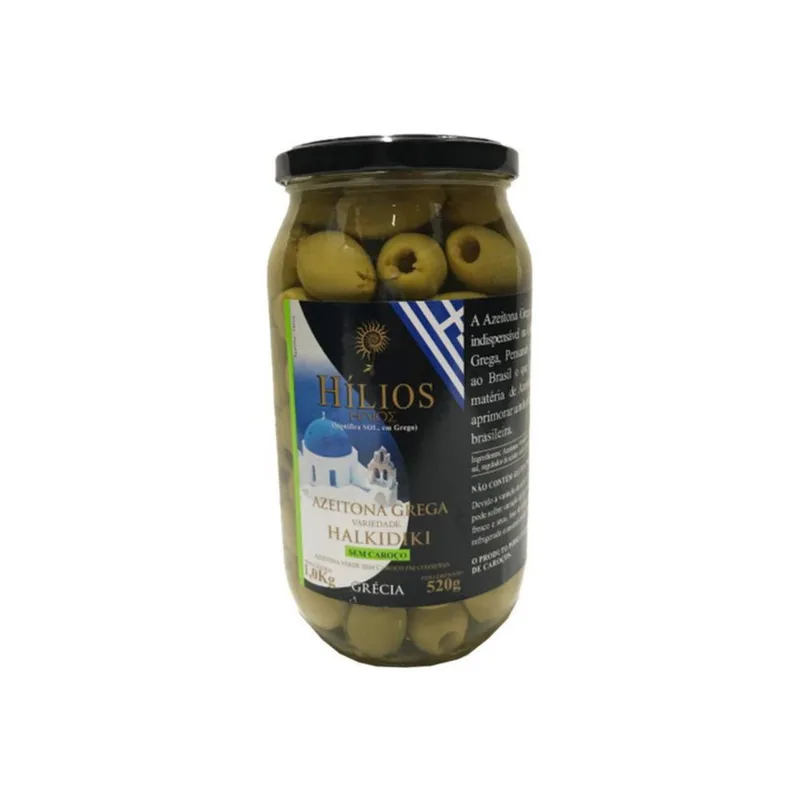 Azeitona Verde Grega Sem Caroço Hilios Vidro 520g