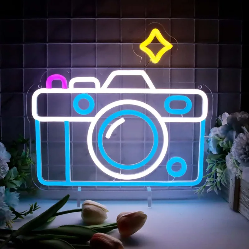 Câmera fotográfica com luz de néon Sinal de néon LED regulável