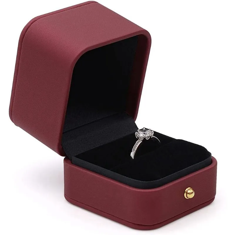 Noivado Ring Box Vinho Tinto, Couro Quadrado Veludo Ring Bea