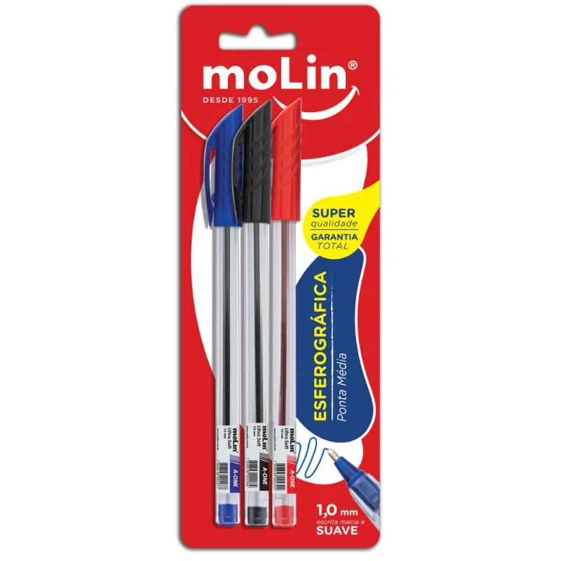 Caneta Molin Ponta Média Sortida com 3 Unidades