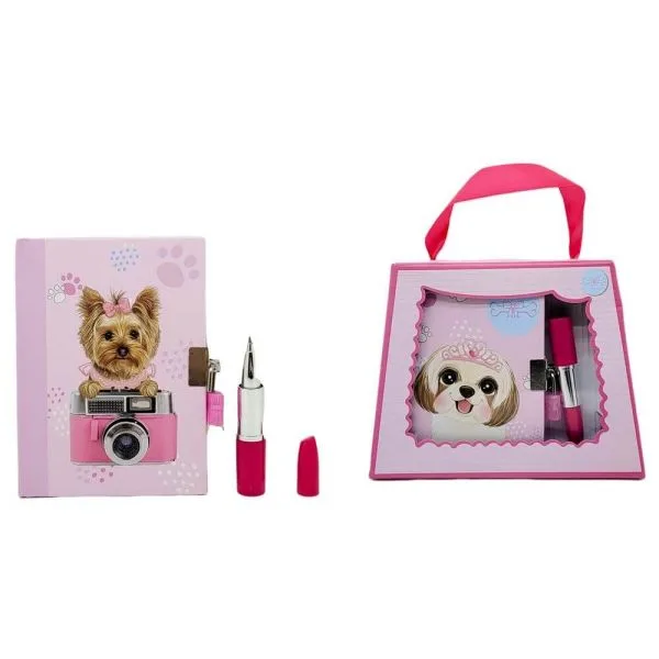 Diário Com Chave E Bolsa + Caneta Batom Pets Diversos Modelos - LC
