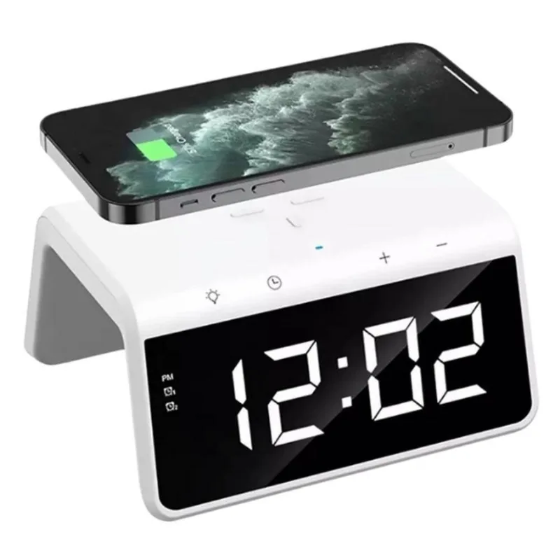 Carregador De Mesa Branco Indução Com Relógio E Despertador
