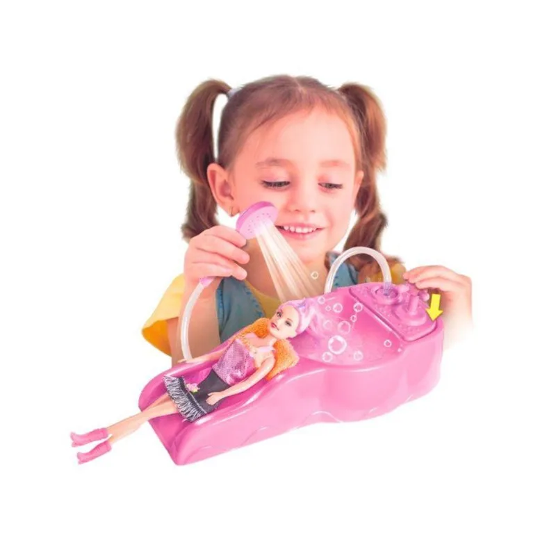 Boneca Com Lavatório De Brinquedo Salão Cabeleireiro Sai Água De Verdade Lua De Cristal