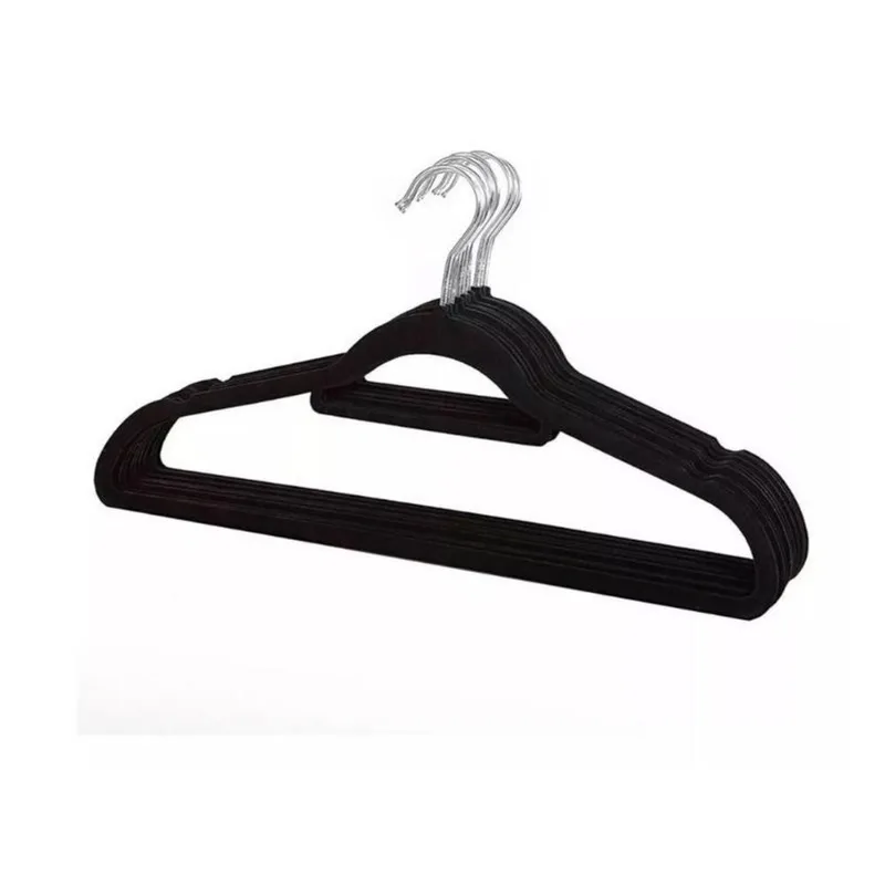 Kit com 30 Cabides Slim Veludo Flocado Preto Gancho de Metal