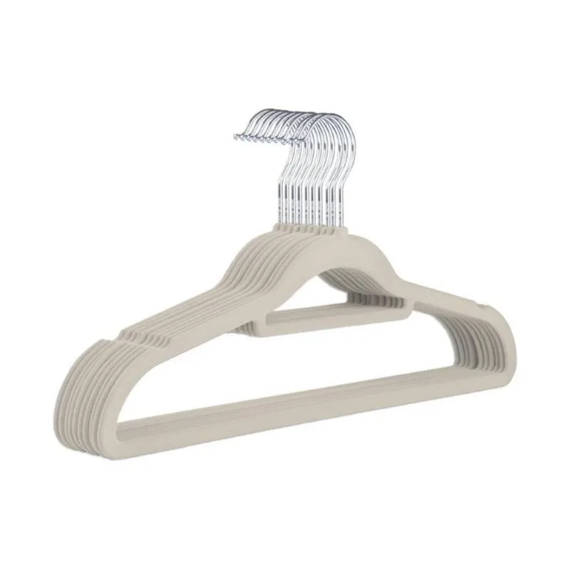 Kit com 30 Cabides Slim Veludo Flocado Bege Gancho de Metal