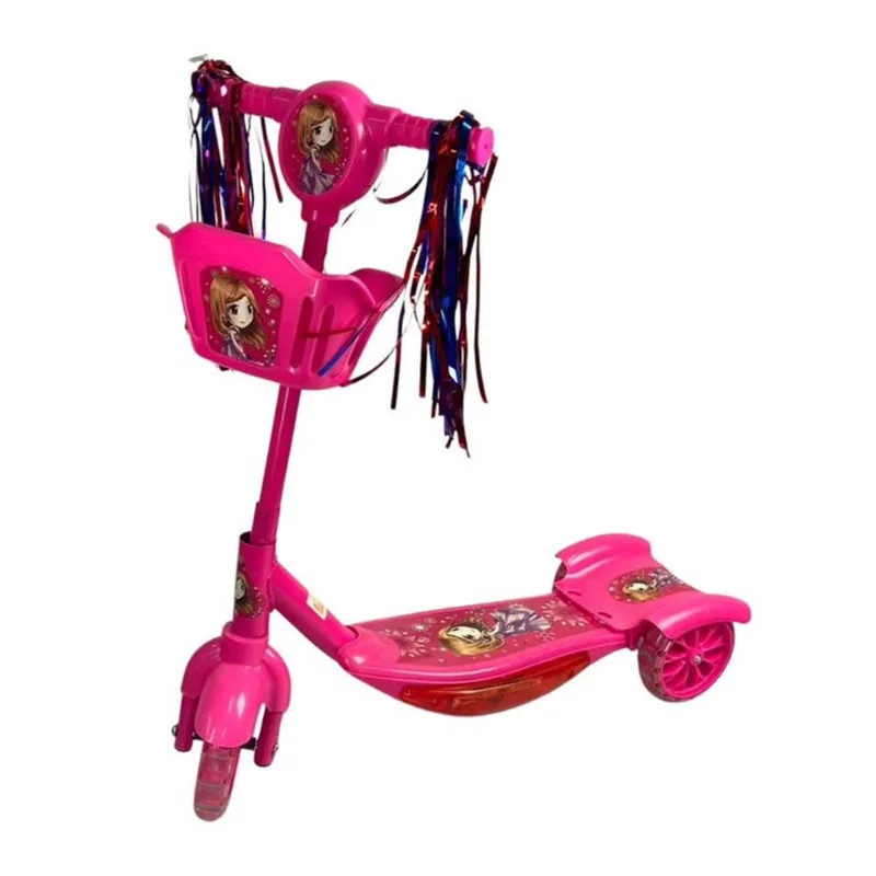Patinete Rosa 3 Rodas Infantil Dobrável com Som Luz Cestinha