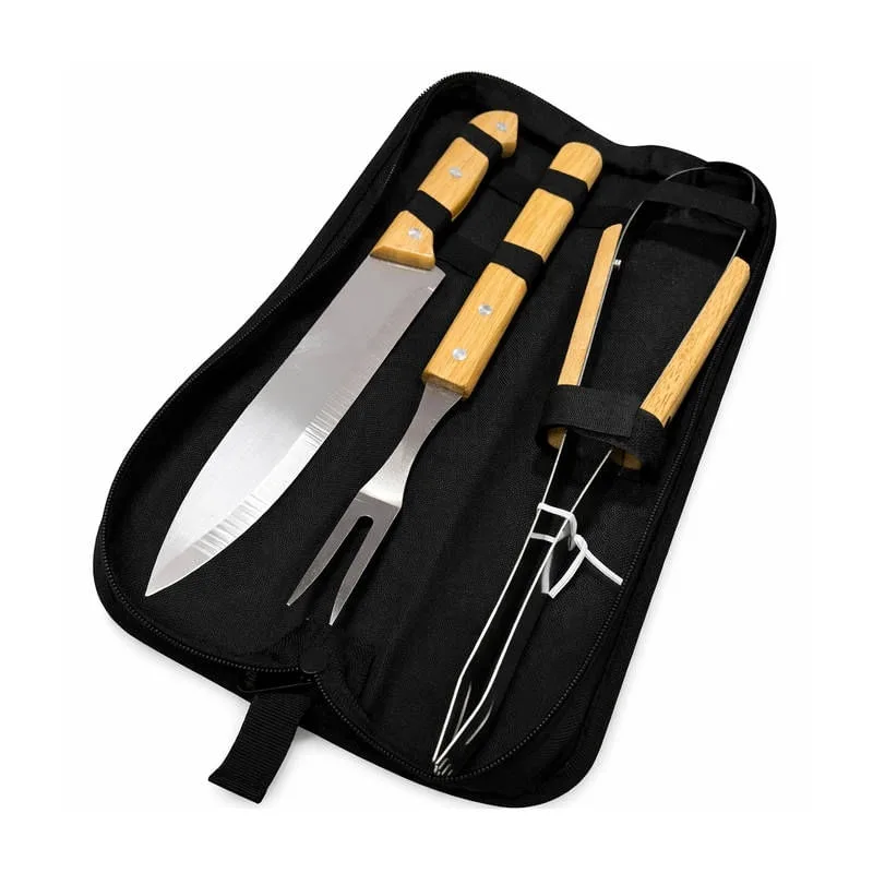 Kit de Churrasco 03 Peças em Aço Inox com Cabo de Madeira - B2