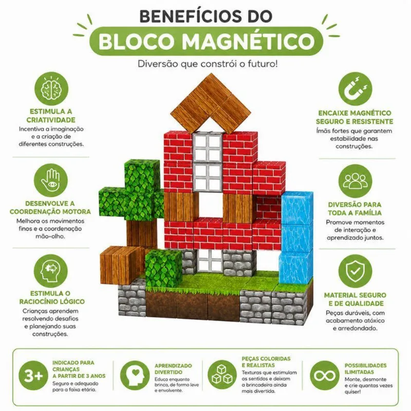 Blocos Magnéticos 63 Peças Texturizadas Do Universo Pixelado Brinquedo Educativo Criativo