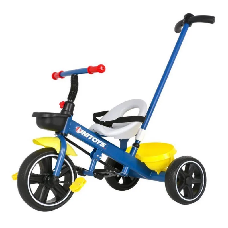 Triciclo Infantil Com Empurrador Pedal Apoio Para Os Pés Azul Com Amarelo Unitoys Com Cinto