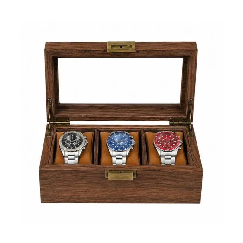 Kit Caixa Organizadora Porta Relógios MDF Tampa Vidro Visor Transparente Fecho Metálico Marrom - OUTRAS
