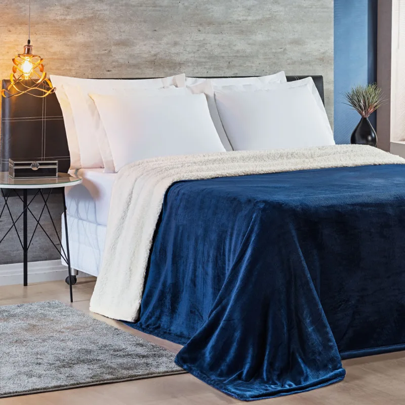 Cobertor Casal King Alaska Sherpa e Manta Microfibra 1 Peça - Azul Marinho - Casa Scarpa