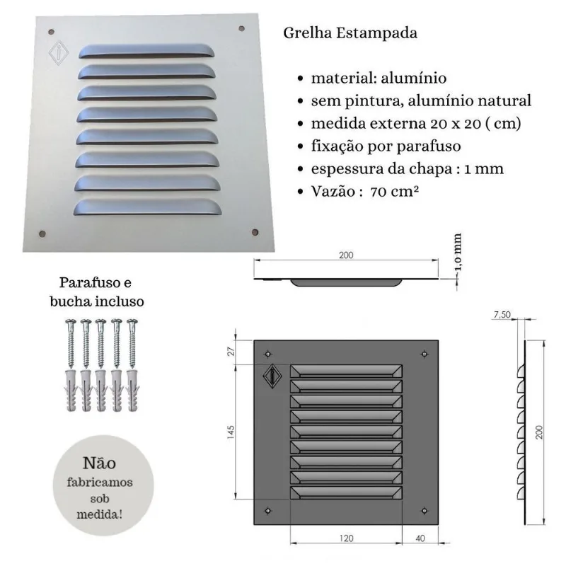Grade De Ventilação Em Alumínio 20 X 20 / Natural
