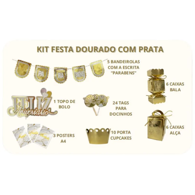 Kit Festa Decorativo Premium Dourado 55 peças (MP)