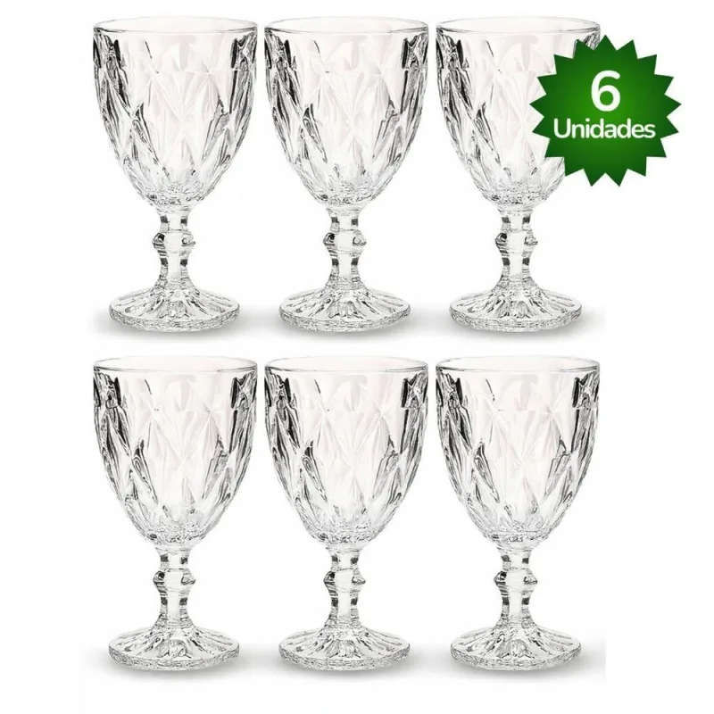 Jogo de Taças Taça Diamante para Bebidas em Vidro Transparente 330ml Conjunto 6 Peças OEM - Oem - Utilidades Domesticas