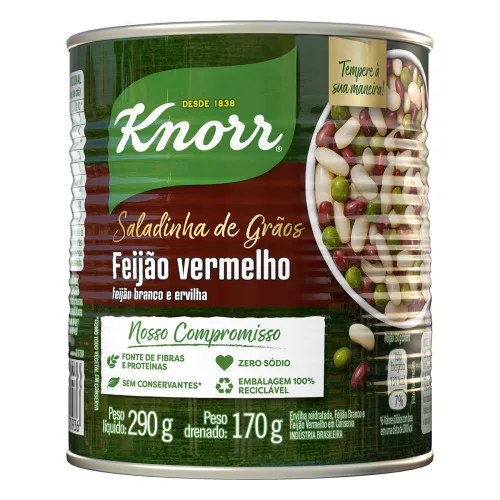 FEIJÃO VERMELHO EM CONSERVA ZERO SÓDIO KNORR SALADINHA DE GRÃOS LATA 170G - KNORR