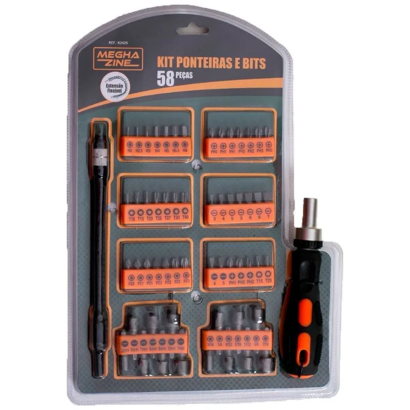 Kit Ponteiras E Bits Com 58 Peças Meghazine K2426 - Laranja
