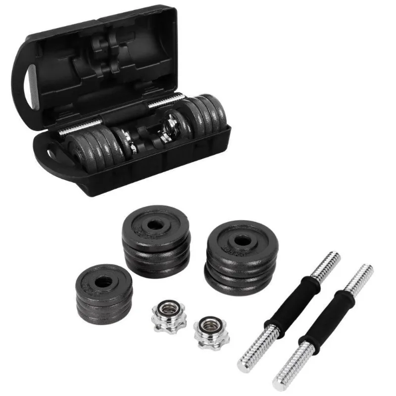 Kit Halteres e Anilhas Barras Musculação 19 Peças Completo, 15 kg, Design Funcional, Preto