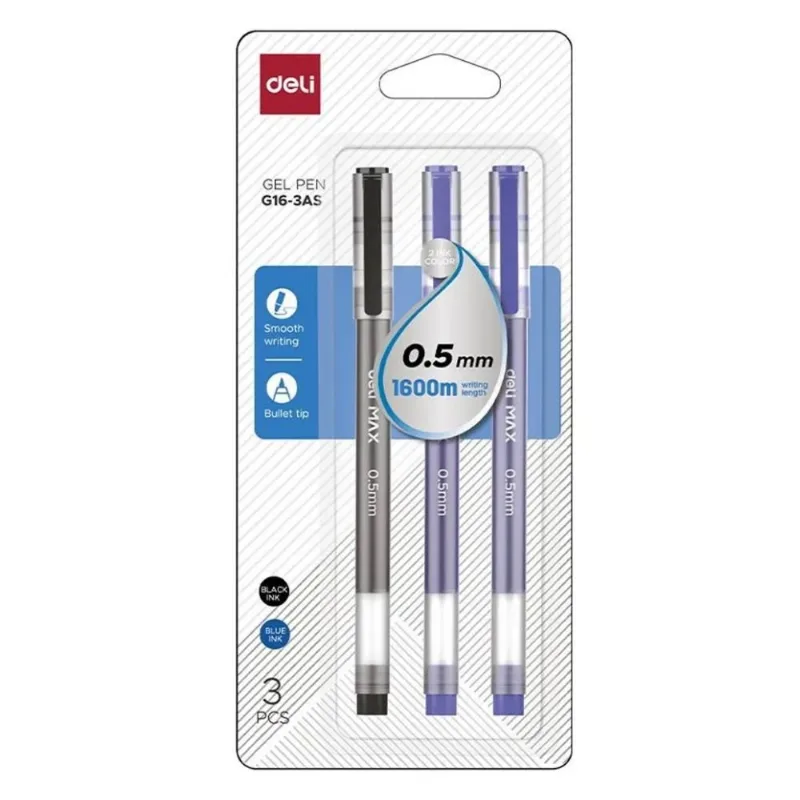 Caneta Esferografica Deli Bullet 3 Unidades 0,5mm Azul Preto 1634 (MP)