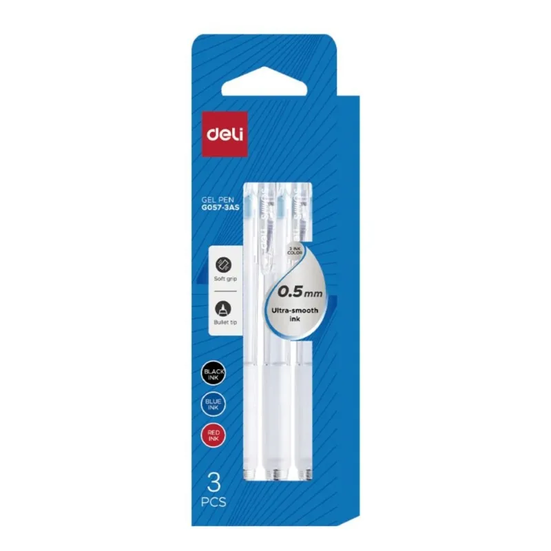 Caneta Gel Deli Bullet 3 Unidades 0,5 Azul Preto Vermelho 3115 (MP)
