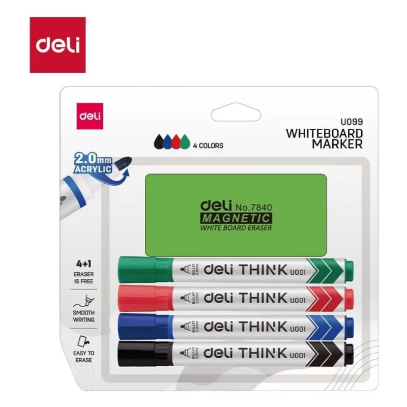 Kit Pincel 5 Peças Deli Quadro Branco 2mm Com Apagador Colorido 0127 (MP)
