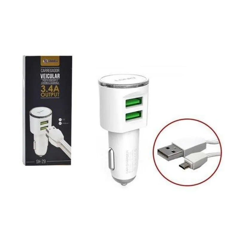 Carregador Veicular com 2 Entradas USB 3.4a + Cabo Flat Branco Shinka