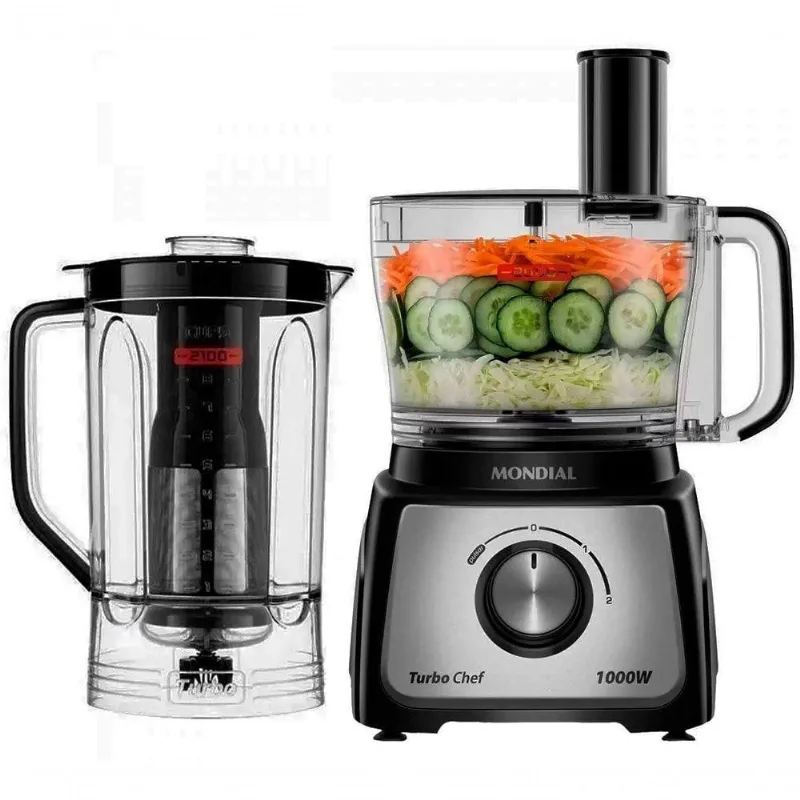 Multiprocessador e Liquidificador 900W com Funções de Picar, Fatiar e Ralar Preto Mondial 220V