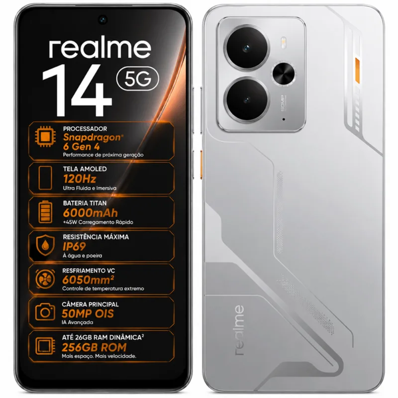 Realme 14 5G 256GB 8GB RAM Snapdragon 6 Gen 4 Tela AMOLED 120Hz 6000mAh NFC IP69 Dual SIM - Prata