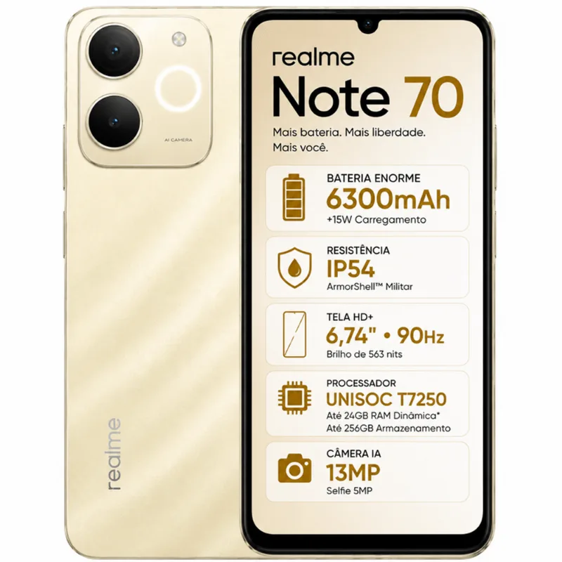 Smartphone Realme Note 70 128gb 4gb Ram Tela 90hz Bateria 6300mah Android 15 Dual Chip 4g - Dourado