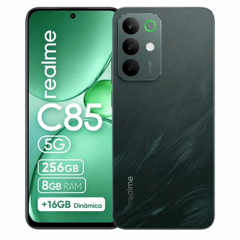Smartphone Realme C85 5G 256GB 8GB RAM + 16GB Dinâmica Tela 144Hz Câmera Sony 50MP Bateria 7000mAh Verde