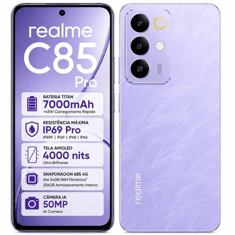 Celular Realme C85 Pro 256gb 4g Dual Chip 24gb Ram Dinâmica Tela Amoled 120hz 7000mah Nfc Ip69 Snapdragon - Lilás