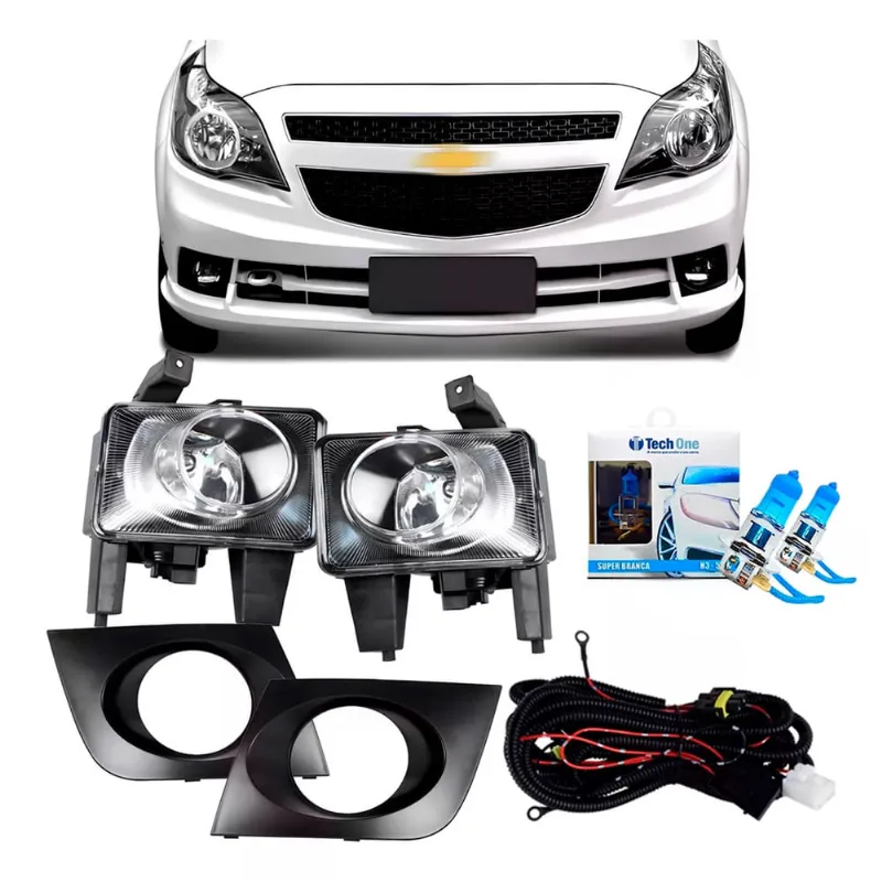 Kit Farol Auxiliar Agile 2009 a 2013 Vidro H3 + Par Lâmpadas Super Brancas H3 8500k 55W