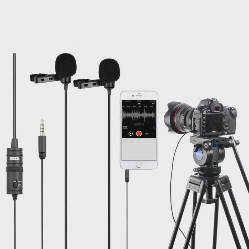 Microfone Lapela Duplo Boya BY-M1DM Omnidirecional para Câmeras e Smartphones