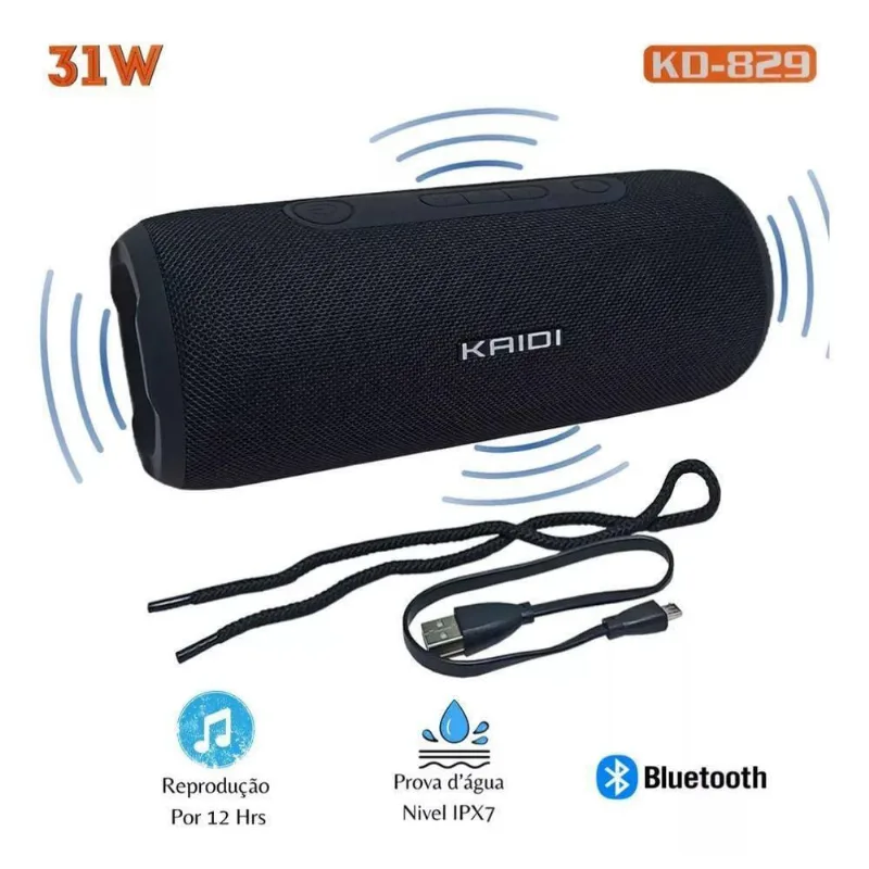 Caixa De Som Bluetooth Tws Wireless Kd-829 Kaidi 31W Potencia A Prova D'Água