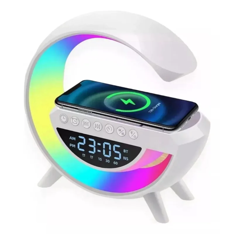Luminária Led G speaker Relógio Caixa Som Bluetooth Com Carreg Indução Led Rgb