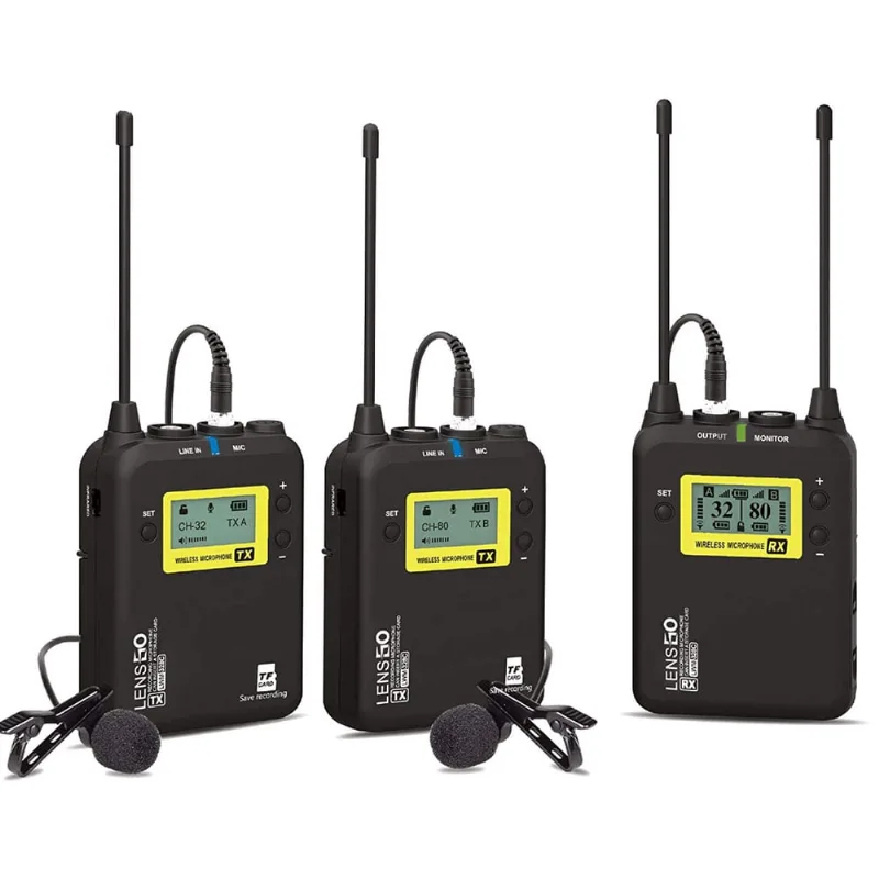 Sistema Duplo Microfone Lapela LensGo LWM-328C Wireless 99 Canais uhf Broadcast