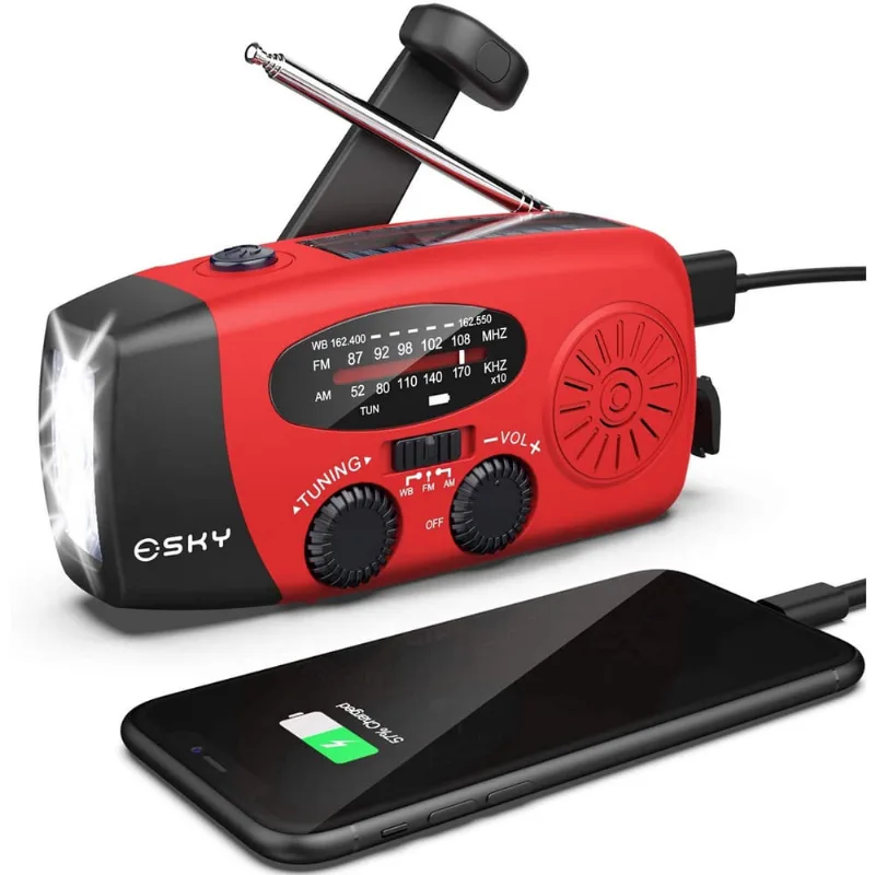 Rádio manivela com lanterna para emergência, rádios solares portáteis Esky, Rádio Meteorológica am/fm noaa autoalimentado com carregador de celular de 1000mAh Power Bank, USB Recarregável, Grandes Sup