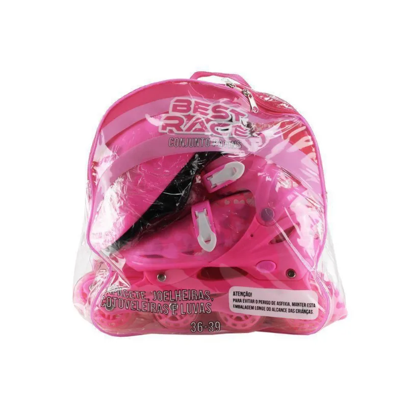 36/39 Rosa Conjunto Patins 4 Rodas Com Mochila - bbr toys R2