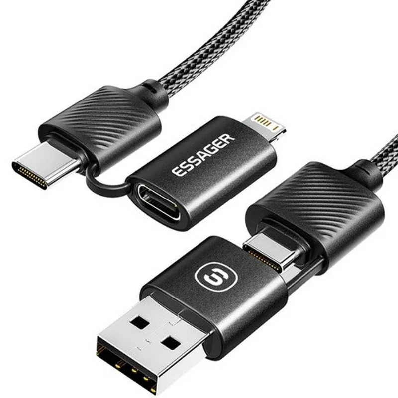 Cabo 4 Em 1 USB-A USB-C Para USB-C Essager Lightning 1 Metro 65W EXC65-XL01-P Preto (MP)