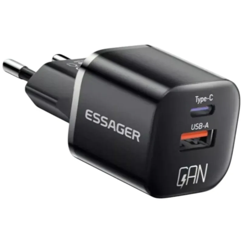 Carregador De Parede USB/USB-C Essager 20W GaN Preto (MP)