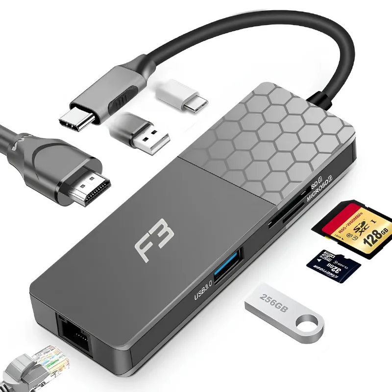 Hub USB-C 6 em 1: HDMI, LAN, USB, SD Card, Adaptador