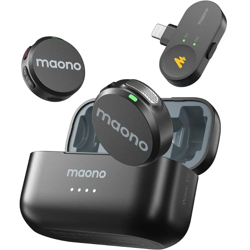 Kit Microfone Lapela Sem Fio Maono Wave T5 Preto, Versão Lightning, WM650 Lightning