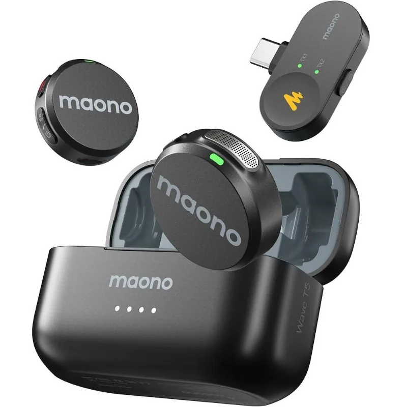 Kit Microfone Lapela Sem Fio Maono Wave T5 Preto Versão Usb Tipo-c Wm650 Type-c