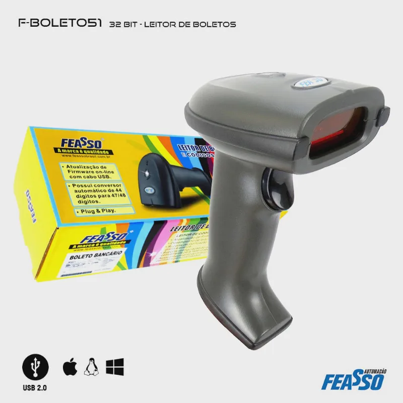 Leitor de Código de Barras Feasso Cod 51 Boleto USB Com Fio - F-BOLETO51 - 1875