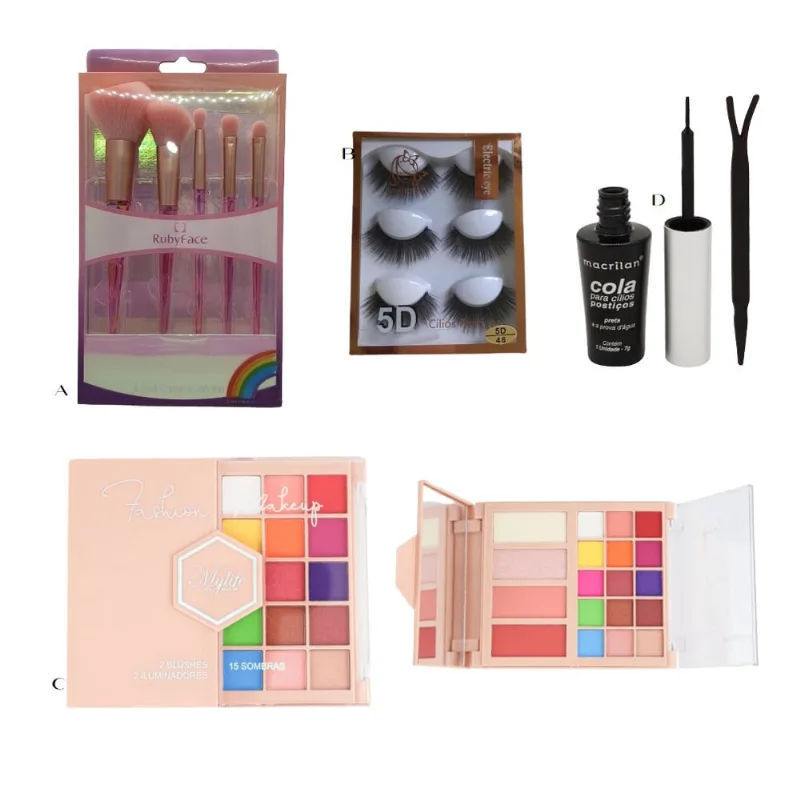Kit: Pincéis Rainbow 5 un. + Cílios Postiços - Miss Frandy + Cola de Cílios Preta + Acessórios
