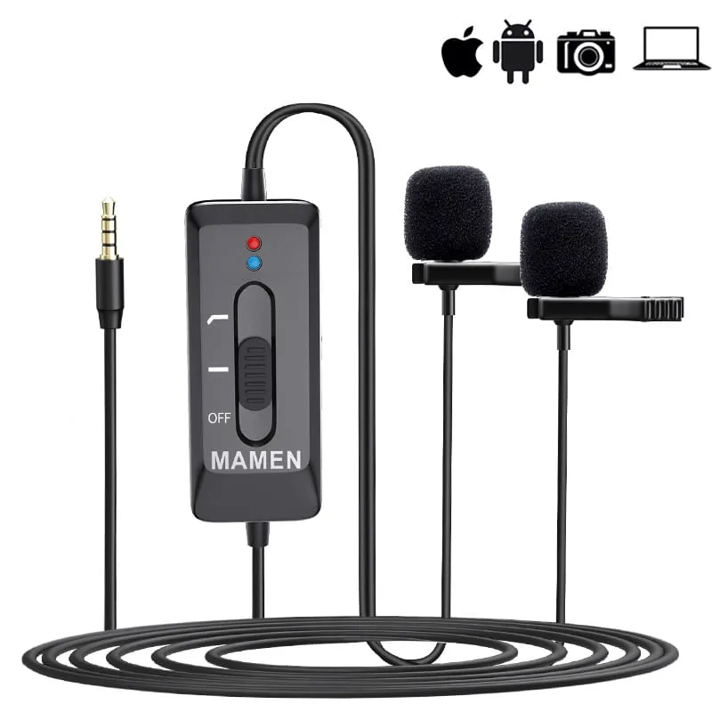 Microfone de Lapela Duplo Profissional Mamen KM-D2 Pro Bateria Interna para Smartphones, Câmeras e Notebooks - Não Disponível - áudio E Vídeo