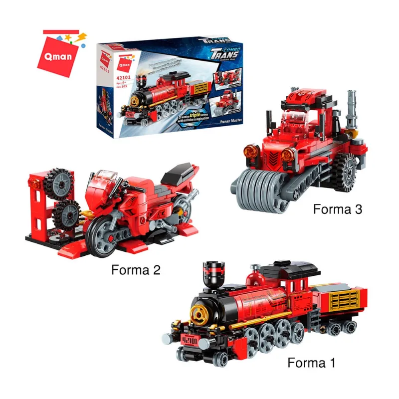 Bloco de montar qman - kit 3 em 1 - trem, moto ou trator