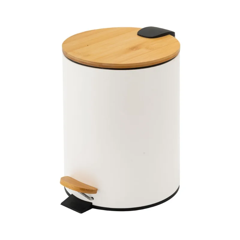 Lixeira Com Tampa De Bambu E Pedal 5L Branca Redonda Coisas E Coisinhas