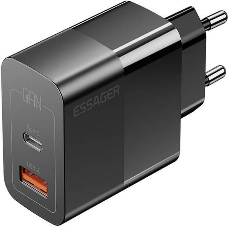 Carregador De Viagem Essager 33W 2 Em 1 USB/USB-C Preto (MP)