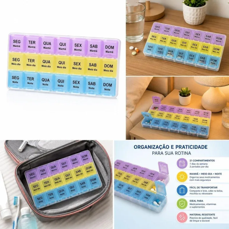 Organizador de Medicamentos Semanal 21 Compartimentos Manhã Meio-dia Noite Bivolt 7 Dias 3 Períodos - OUTRAS - Agro