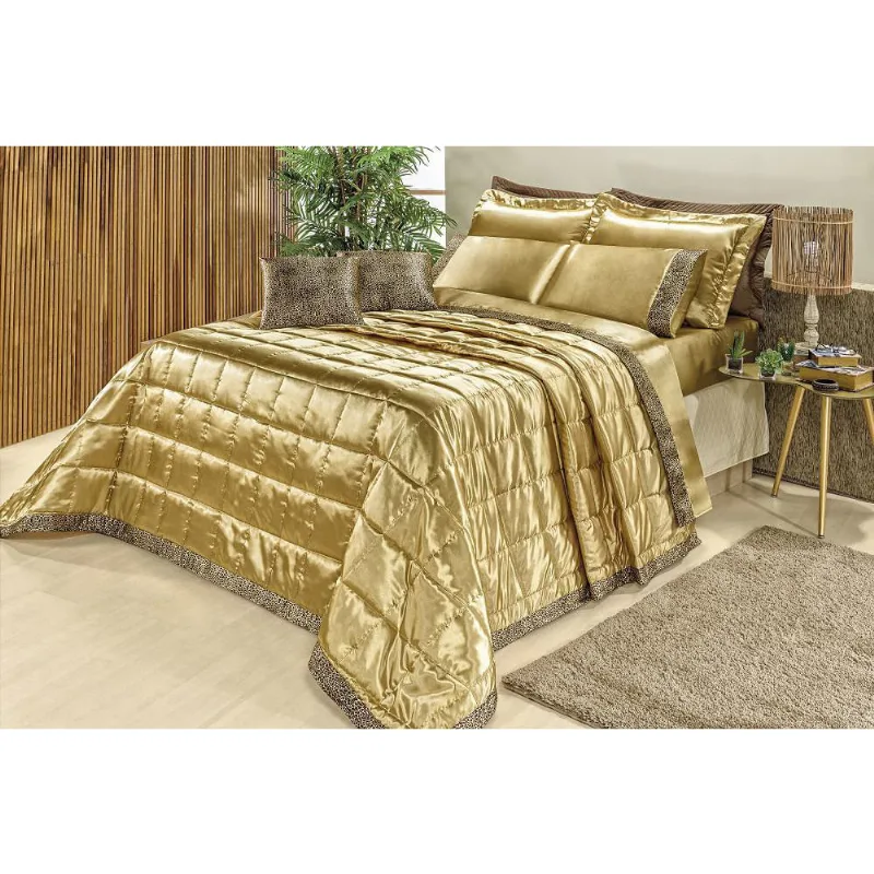 Cobre Leito Safari Queen 9 Peças Cetim Charmousse Dourado